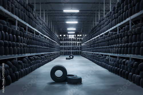 Stacks of car tyres along factory storage photo