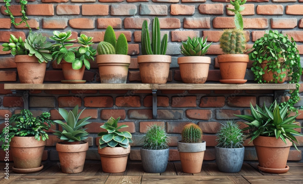 Various cactus and succulent plants in different pots. Potted cactus house plants on wooden shelf against brick wall. Green houseplants on shelf near brick wall.