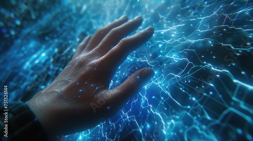 Hand touching virtual screen. Future technology concept. © pixcel3d