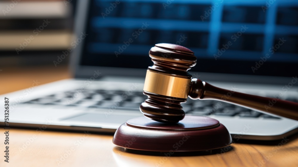 Symbolizing law and justice: Wooden judge's gavel laid on a laptop keyboard.