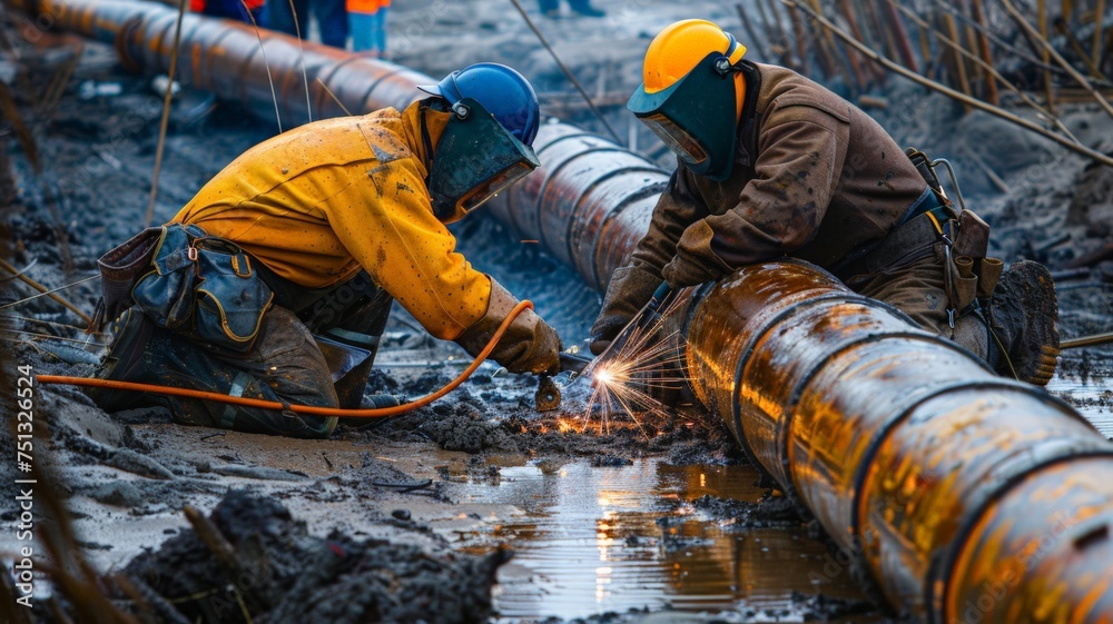 Welding of gas pipes on shore by several technicians.
