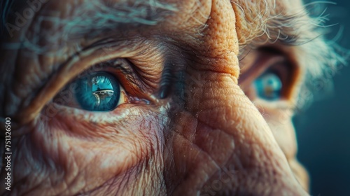 Close-up of a forgetful elderly person's eyes, gazing out with a mix of confusion and sadness, reflecting the emotional impact of dementia
