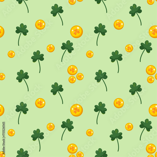 Seamless pattern for St. Patrick's Day with green clover twigs and gold coins on green background. Festive pattern for packaging design, background and decor
