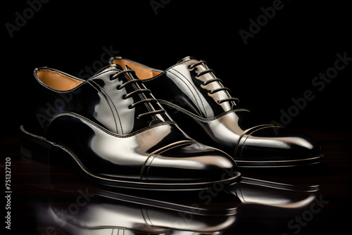 Singular Focus on Suave Black, Exquisitely Stitched and Polished Men's Formal Shoes against Black Background