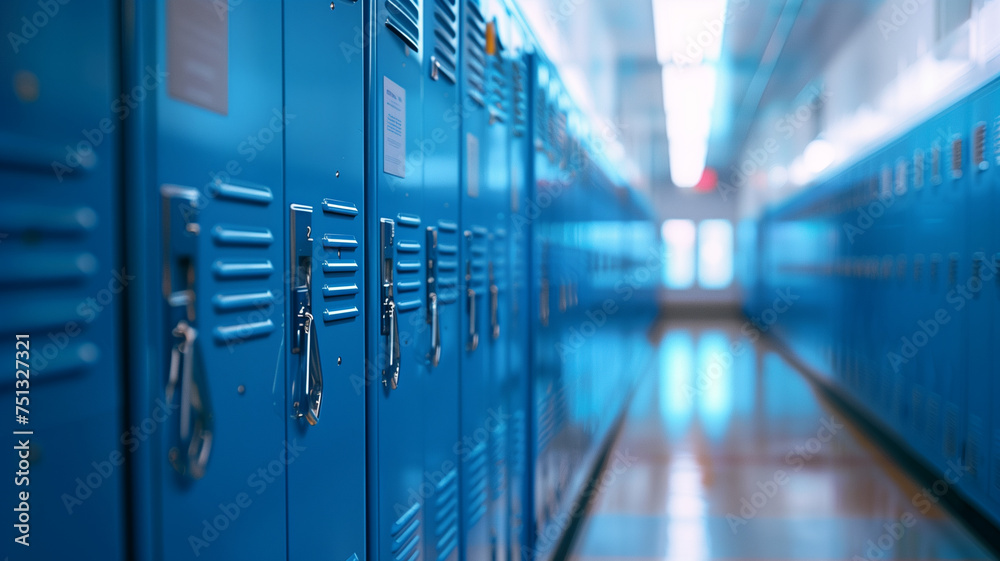 University hallway with rows of lockers, school interior University hallway with rows of lockers, school interior