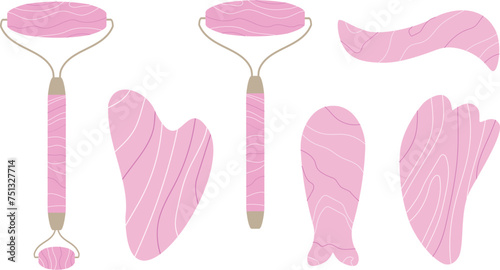 Rose quartz roller and Gua sha stones and roller for face and body massage treatment isolated in white background. Home beauty skin routine