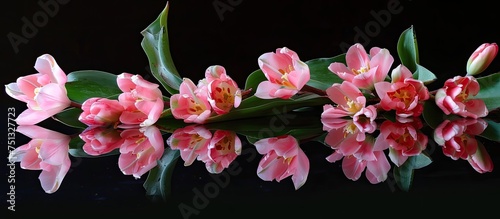 A group of vibrant pink tulip flowers with fresh green leaves are displayed against a black background, creating a striking contrast. The flowers are in full bloom, showing off their intricate petals
