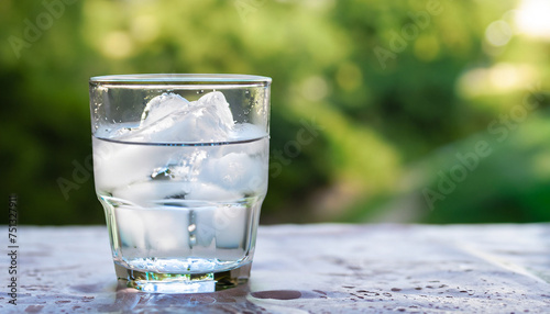 a glass of water with ice on nature background.