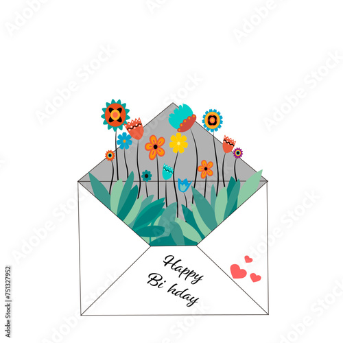 Felicitación de cumpleaños con flores variadas en un sobre.