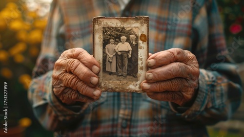 Close-up of a senior man's hands holding a family photograph, with a blurred background to symbolize fading memories photo