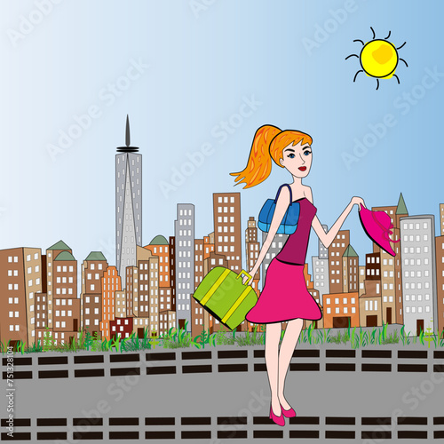 Mujer joven con bolso y pamela en Manhattan, Nueva York.