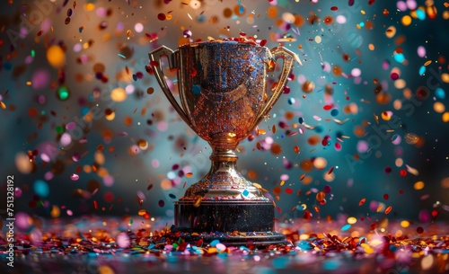 a shiny golden winners cup surrounded by a festive explosion of colorful holiday confetti and glittering sparkles symbolizing victory and success in the competition.
