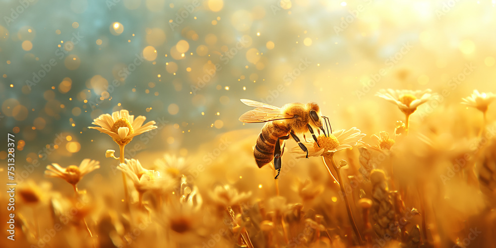 Bee pollinating flowers. Honey bees and organic honey production. Bright yellow background with apiary and bees. - obrazy, fototapety, plakaty 