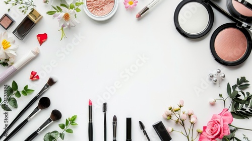 Beauty makeup face hair accessories beautician artist on white background copy space border frame top view 