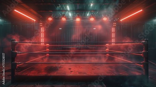 Empty boxing ring with lights on the stage photo