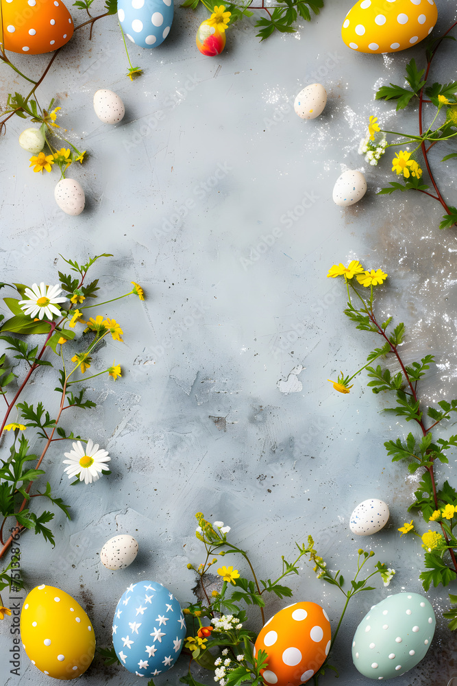 pastel Easter eggs and flowers on a gray background, Easter background, space for text pastel Easter eggs and flowers on a gray background, Easter background, space for text
