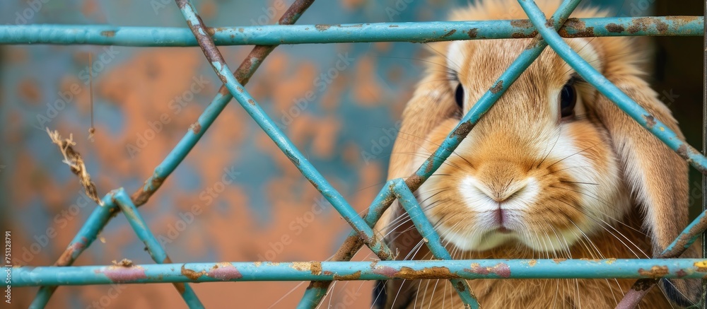 A close-up of an adorable Holland lop bunny peeking through a blue ...