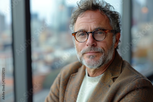 An experienced executive wears a smart casual jacket and sweater, with the city skyline visible from the office windows behind him.