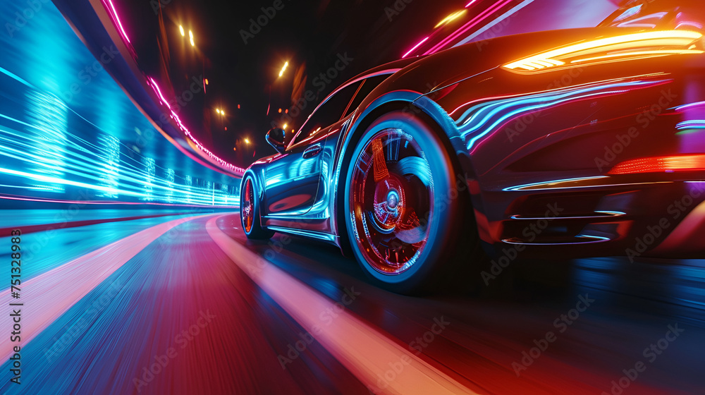 Modern futuristic car in movement. Cars lights on the road. generative ai