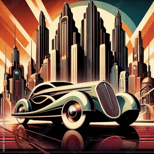Retromodern car in the city, art deco vintage illustration photo