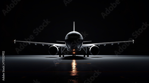 A sleek and shiny airplane sits on a runway at night, its engines glowing in the darkness. The plane is ready to take off into the sky.
