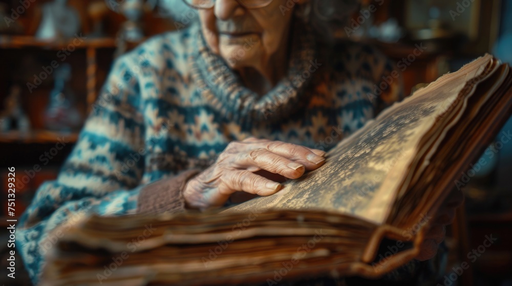 Close-up of a senior woman's hand touching a photo album, with visible distress, conveying the emotional impact of recognizing fading memories Close-up of a senior woman's hand touching a photo album, with visible distress, conveying the emotional impact of recognizing fading memories