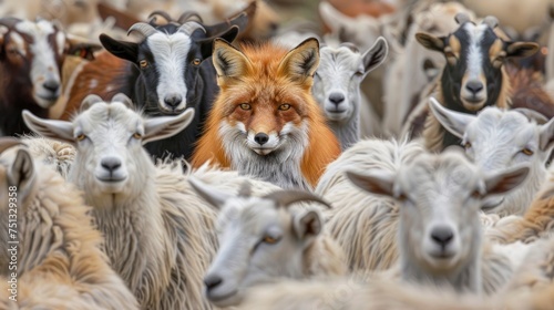 A fox among a crowd of goats,