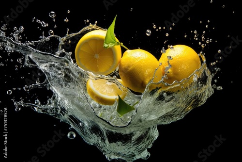 Lemon submerging into water  capturing the citrus burst. black background.