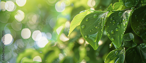 Morning dew adorns the vibrant green leaves, basking in the soft sunlight.