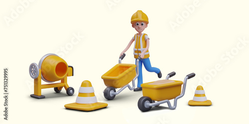 Vector scene from construction site. Worker in overalls rolls wheelbarrow to concrete mixer