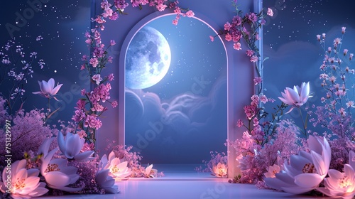 
a scene of ramadan night islamic arch with pastel floral and light of ramadan celebration with half moon