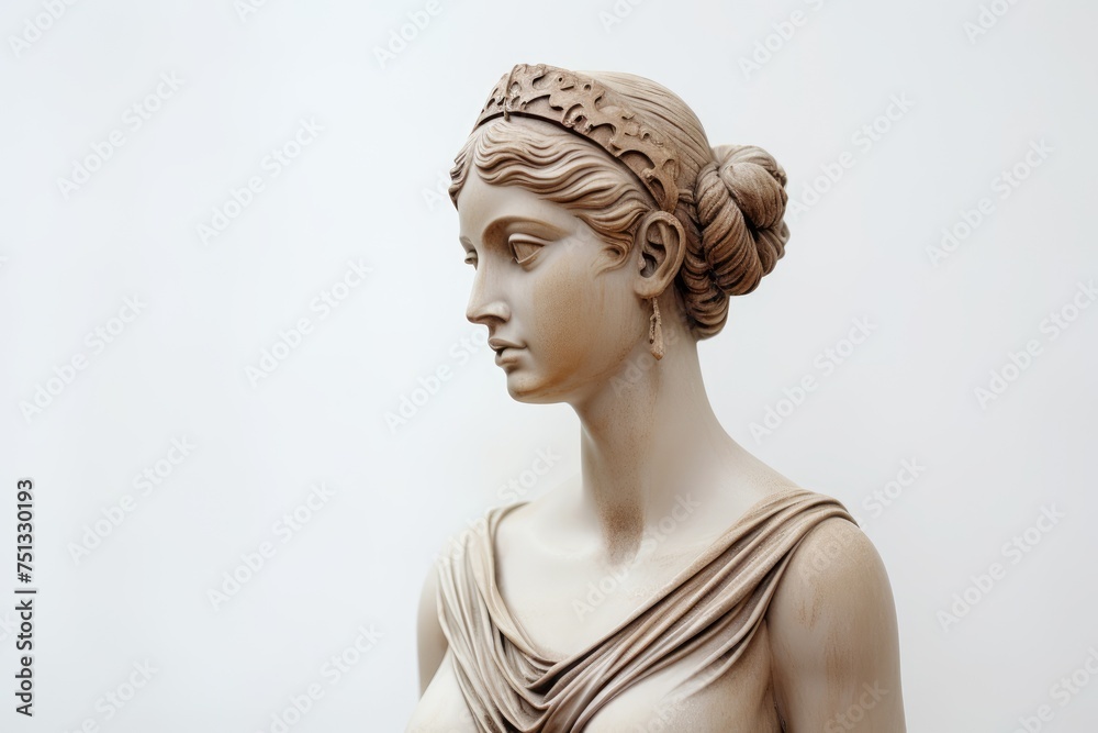 Ancient Greek Sculpture of Woman with wreath on her Head on gray background with Copy space. Beautiful female statue for modern art in y2k style