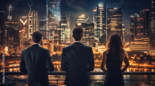 Backview double business man with women on a cityscape