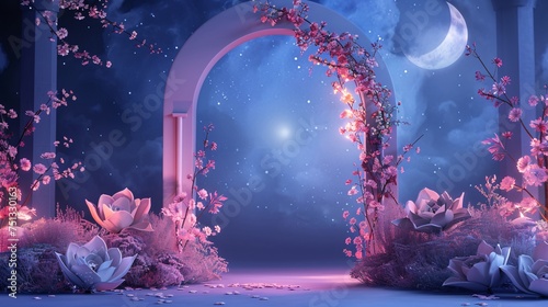 
a scene of ramadan night islamic arch with pastel floral and light of ramadan celebration with half moon photo