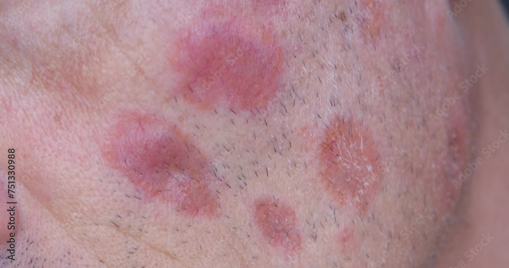 A case of cutaneous sarcoidosis on the face of a man, close up view