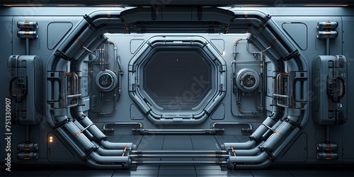 Fototapeta Naklejka Na Ścianę i Meble -  Space station or Sci-fi style futuristic facility external panel surface background. Exterior of scifi device.