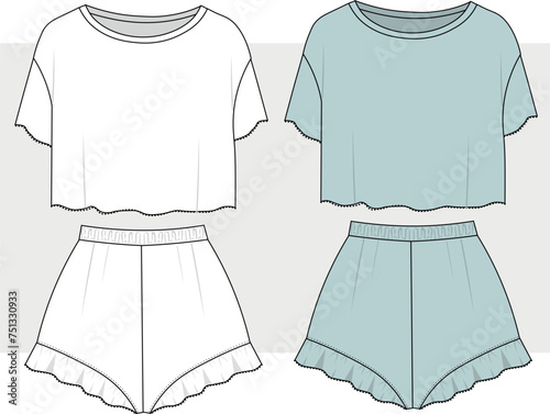 Women pajama sleepwear with crop top and wide short pant. women nightwear - underwear drawing. Fashion flat sketch. 