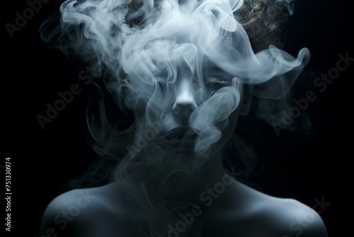 Smoke human ghostly face. Fashion person in dark fog smoke. Generate Ai © juliars