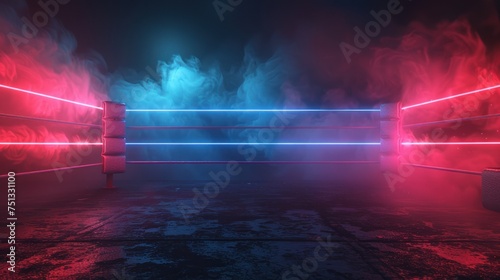 Illuminated boxing ring with dramatic red and blue lighting photo