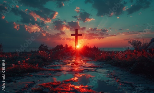 Cross of Jesus Christ on sunset sky background. Christian religion concept. 