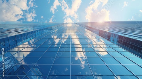 Glass skyscraper  its reflective surface mirroring the sky and clouds above