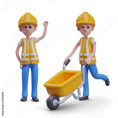 3D builders in cartoon style. Set of workers in different poses
