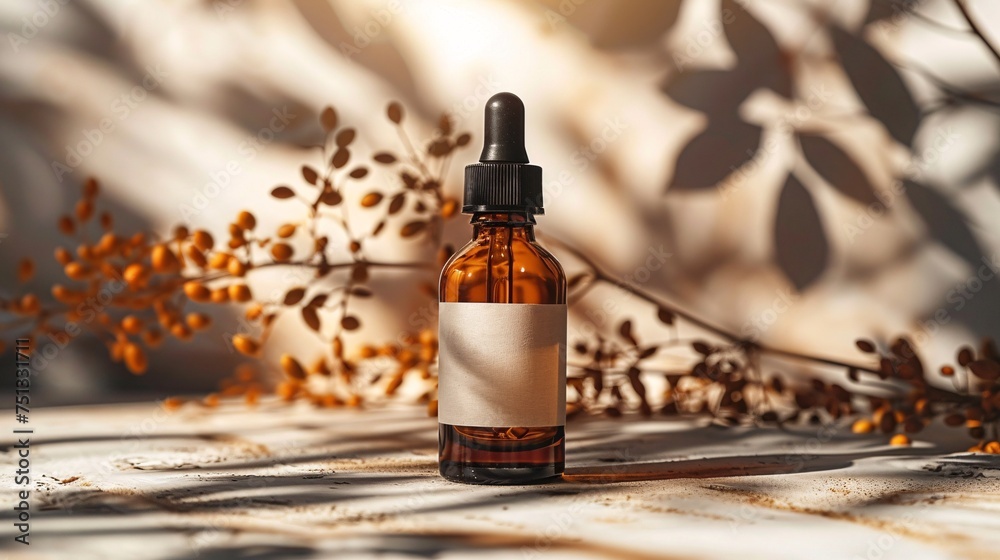 A single amber dropper bottle with a blank label is beautifully set against a backdrop of artistic shadow play and soft light on a neutral background