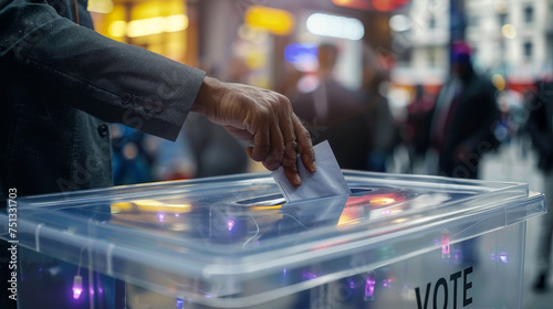 a businessman's hand puts a ballot into a transparent ballot box