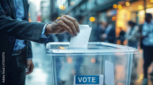 a businessman's hand puts a ballot into a transparent ballot box photo