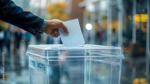 a businessman's hand puts a ballot into a transparent ballot box photo