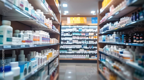 pharmacy background, shelf full of medical products © Denis