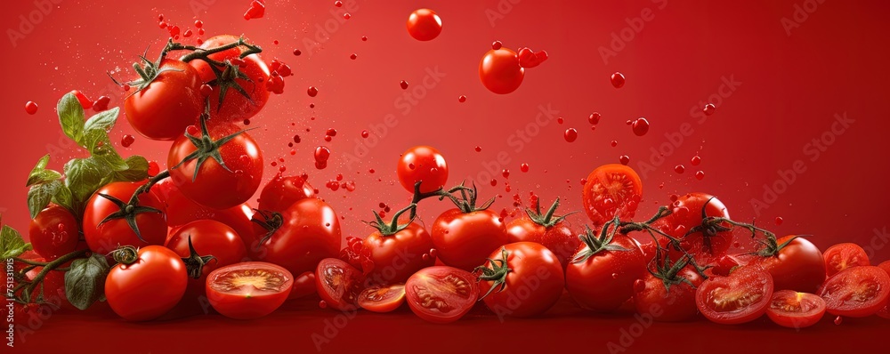 Lots of fresh tomatoes fly on red background
