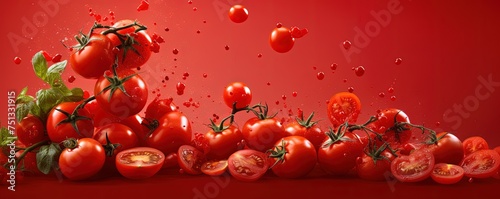 Lots of fresh tomatoes fly on red background © Coosh448