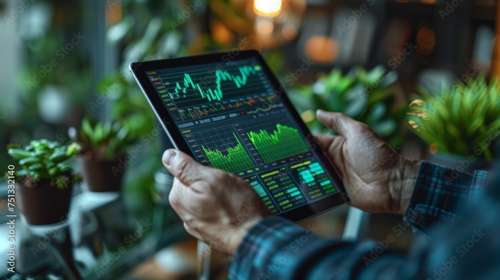 Person Holding a Tablet Computer with Green Screen Mock Up Display. Stock Exchange Application Template. Banker Monitoring Financial and Business Opportunities Person Holding a Tablet Computer with Green Screen Mock Up Display. Stock Exchange Application Template. Banker Monitoring Financial and Business Opportunities